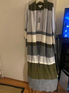 Treasure & Bond Olive, Gray & Cream Striped Trench Coat